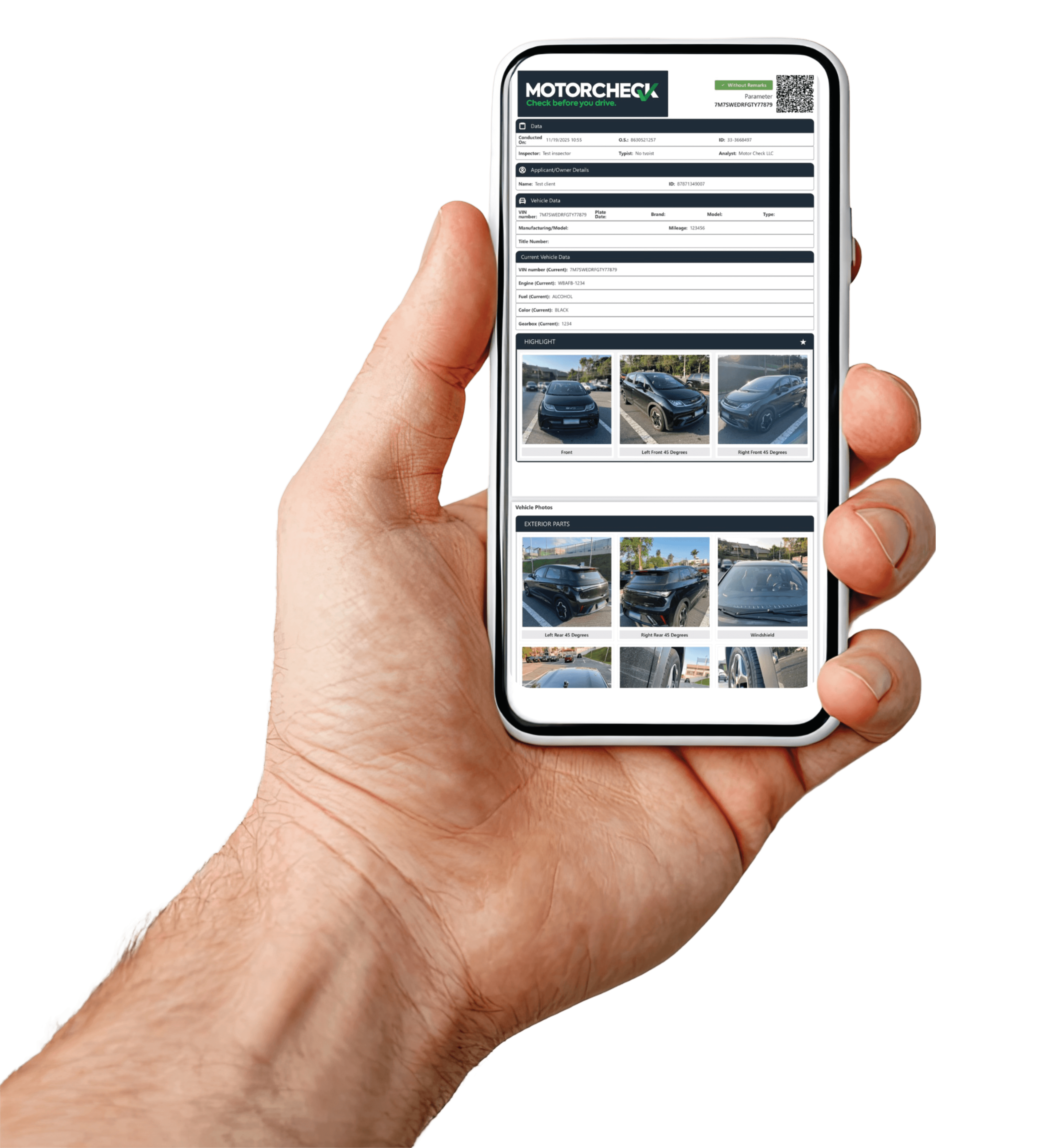 MotorCheck digital inspection report displayed on a smartphone