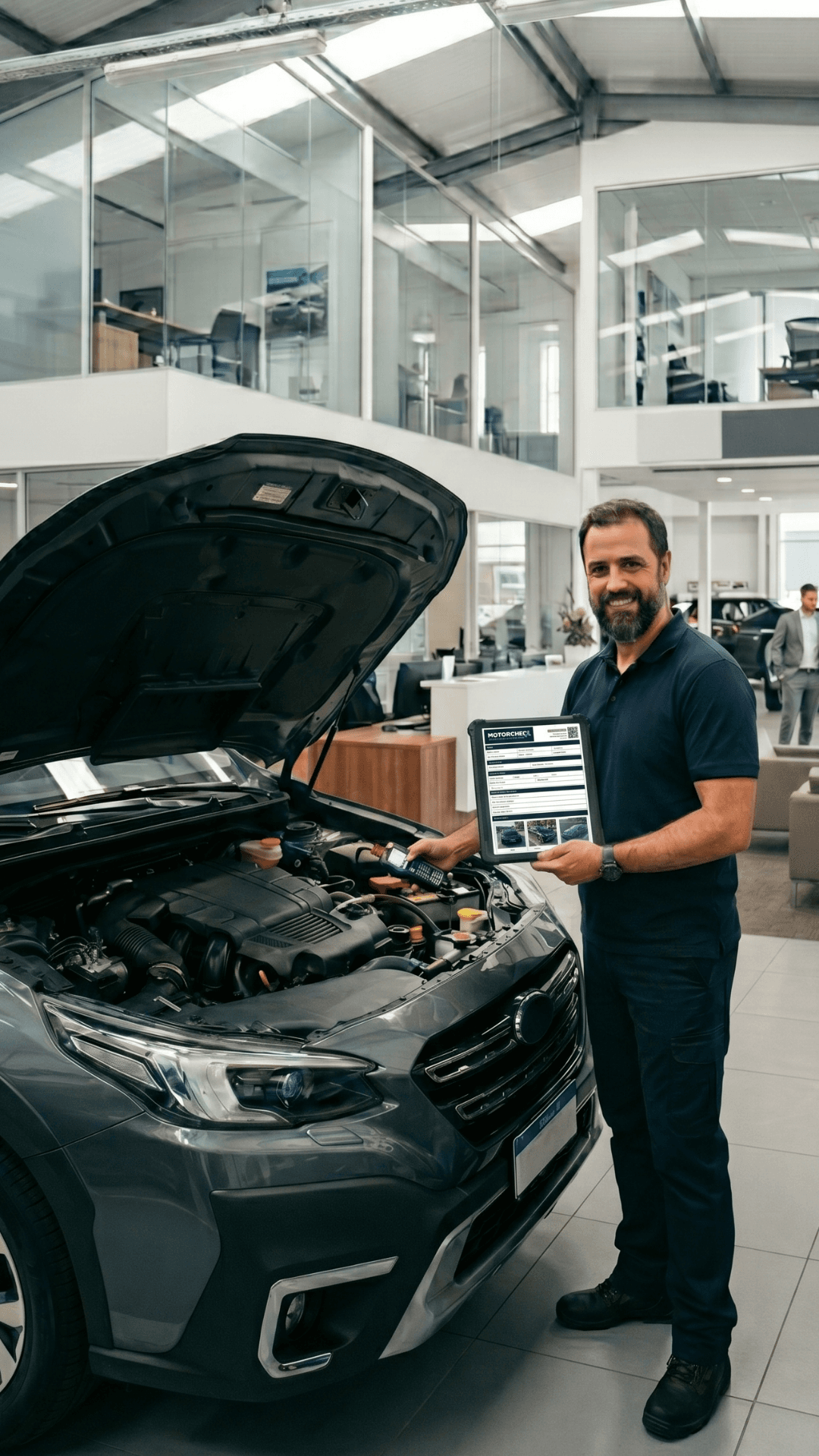 MotorCheck inspector performing a pre-purchase vehicle inspection